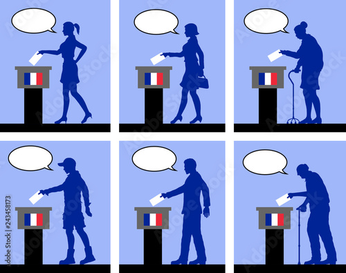 French citizens voting for election in France with speech bubble