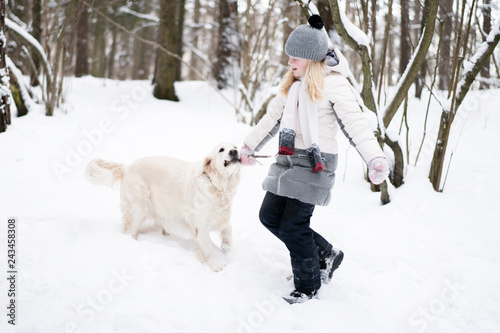 pets in nature - a beautiful golden retriever plays with the owner with a stick in a winter snow-covered forest © zayatssv