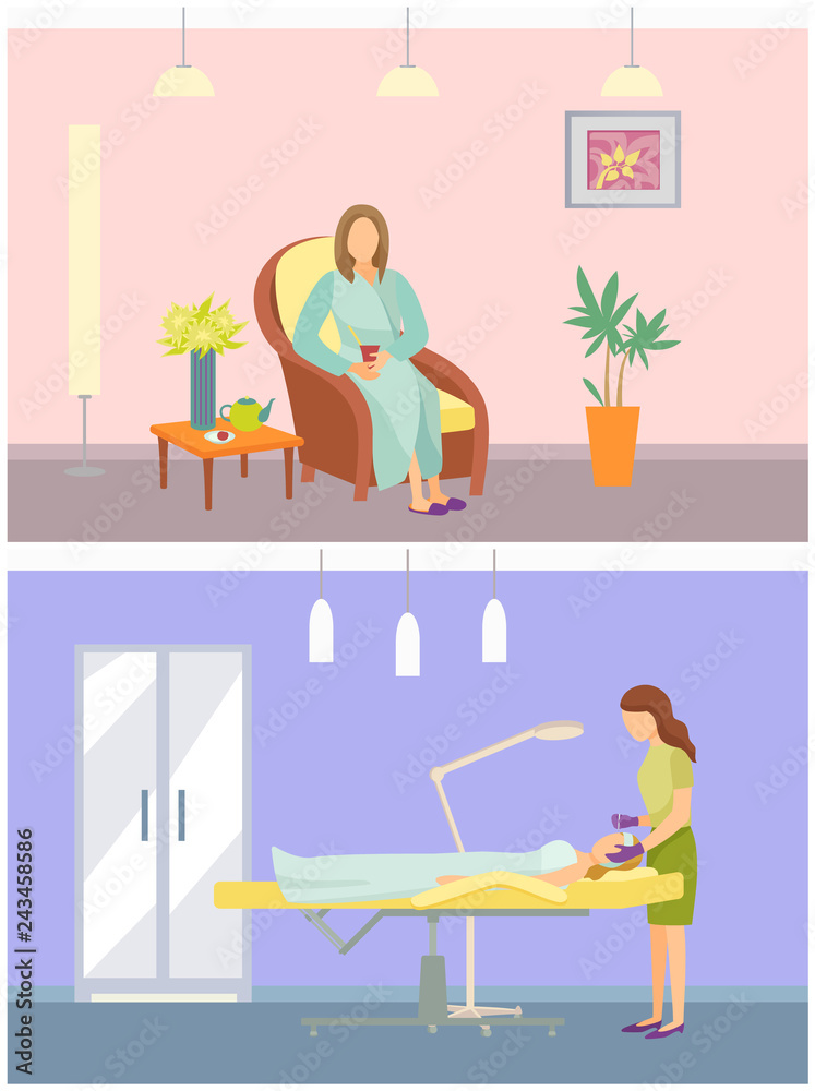 Cosmetician and Calm Woman Sitting in Chair Vector Cosmetician and Calm Woman Sitting in Chair Vector