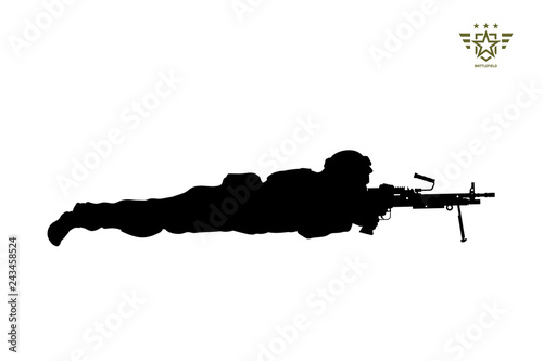 Black silhouette of lying american soldier with machine gun. USA army. Military man with weapon. Isolated warrior image
