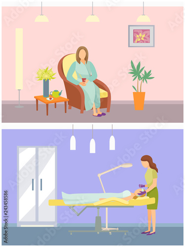 Cosmetician and Calm Woman Sitting in Chair Vector