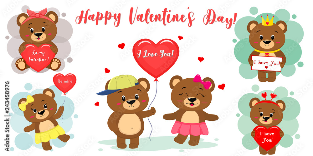 Obraz premium Happy Valentines Day. Set of six cute brown bear characters in different poses and accessories in cartoon style. With a red heart, balloon, letter. Flat design vector