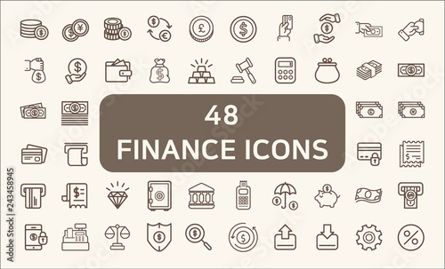 Set of 48 Finance and Money Related Vector Icons.Contains such Icons as money, bank, credit card, wallet, cash, safe, budget, piggy bank, loan, payment and more. customize color, easy resize.