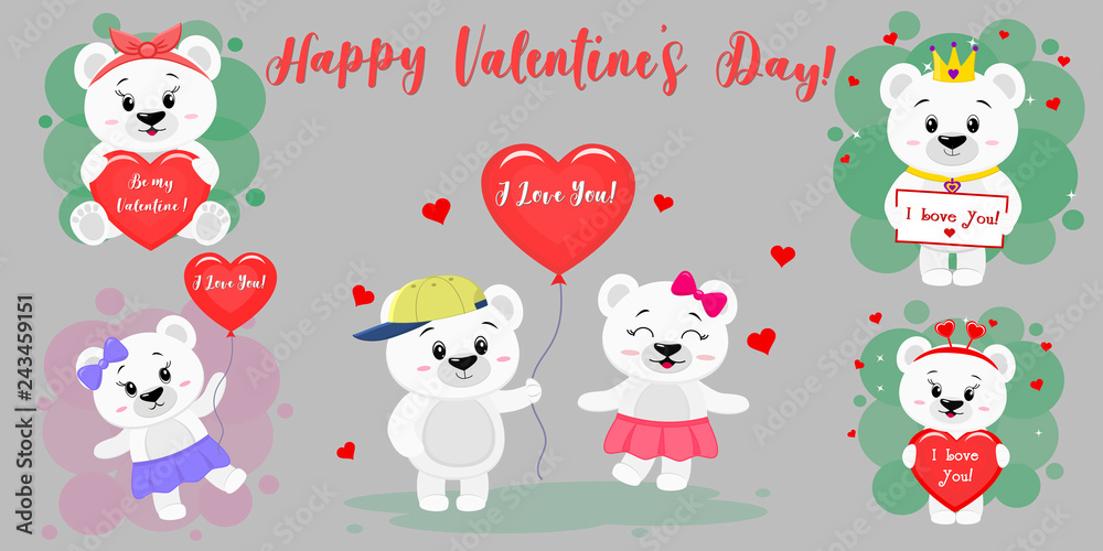 Happy Valentine s Day. Set of six characters cute polar bear in various poses and accessories in cartoon style. With a red heart, balloon, letter. Flat design vector