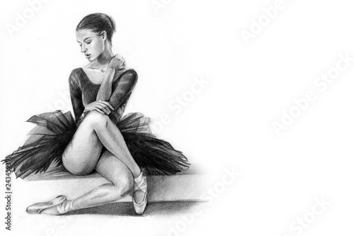 ballerina black. the dancer is sitting. girl. pencil drawing. graphics