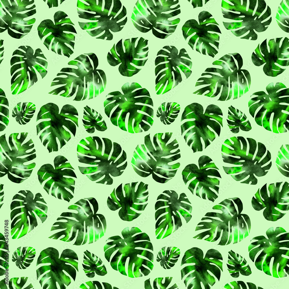 Watercolor hand-drawn tropical monstera leaves seamless pattern