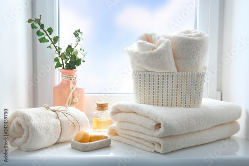 Bathroom towels and soap empty space background,shower items. photo