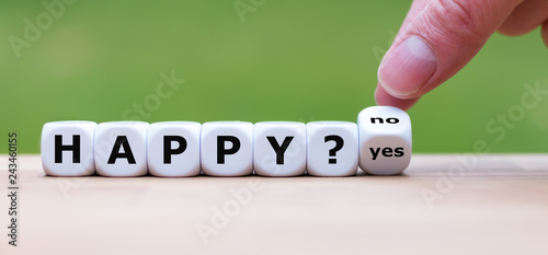 Being happy? Hand turns a dice and changes the word "no" to "yes" (or vice versa)