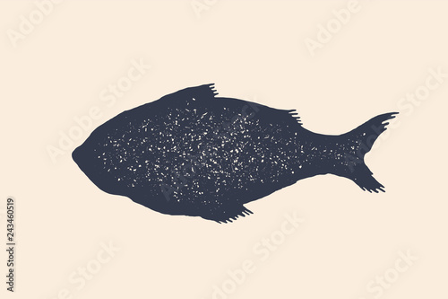 Fish, silhouette. Vintage logo, retro print, poster