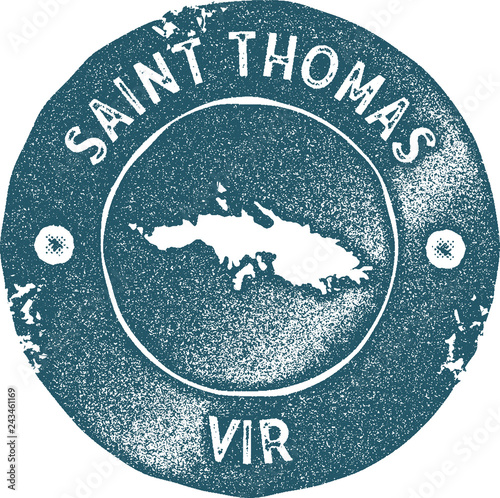 Saint Thomas map vintage stamp. Retro style handmade label, badge or element for travel souvenirs. Blue rubber stamp with island map silhouette. Vector illustration.