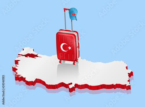Wheeled bag with Turkish cap over 3D Turkey map for travel