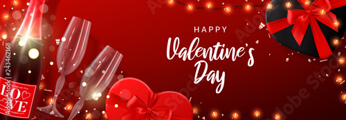 Happy Valentine's Day web banner. Vector illustration with shining lights garland, realistic glasses and bottle of champagne, gift boxes, sparkling golden confetti. Holiday background, festive card.