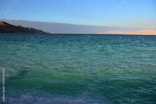 Coast of the Dead Sea lit by the evening sun