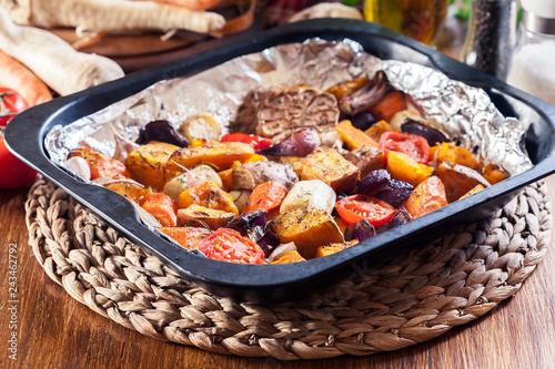 Roasted vegetables on baking metal tray