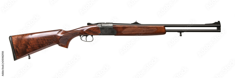 double-barreled hunting rifle with 308-gauge rifled barrels isolated on white
