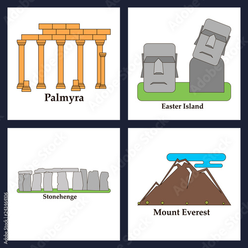 Travel, journey concept. Famous monuments of world countries. Vector illustration