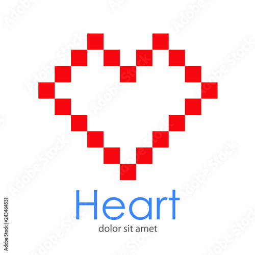 Logotipo abstracto con texto Heart con corazón rojo lineal formado por pixels