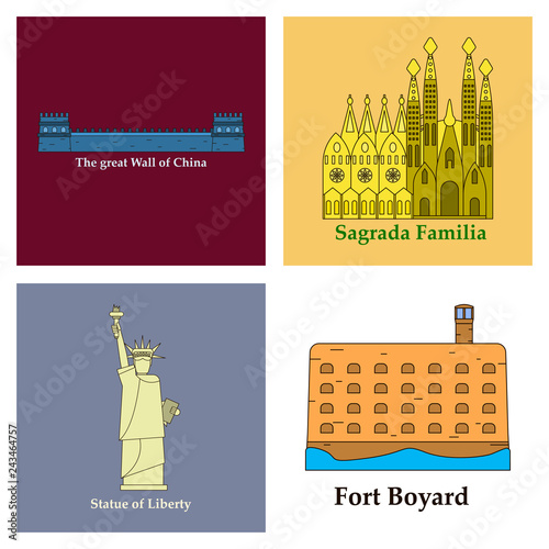Travel, journey concept. Famous monuments of world countries. Vector illustration
