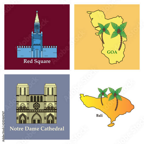 Travel, journey concept. Famous monuments of world countries. Vector illustration