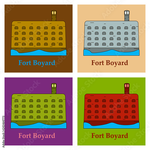 Medieval mediterranean fortress with towers icon. Ancient historical fort isolated on color background. Fort boyard