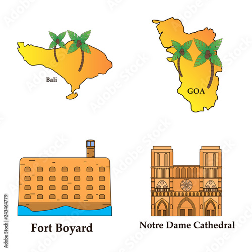 Travel, journey concept. Famous monuments of world countries. Vector illustration