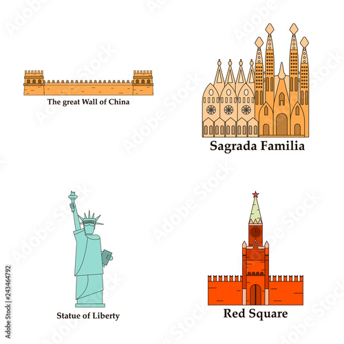 Travel, journey concept. Famous monuments of world countries. Vector illustration