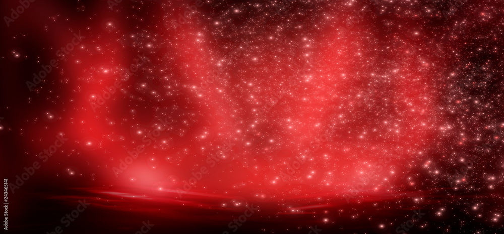 Red romantic background for greeting cards or covers for the holiday of St. Valentine. Festive red background with hearts, sparkles, gradients, neon lights, rays and magic.