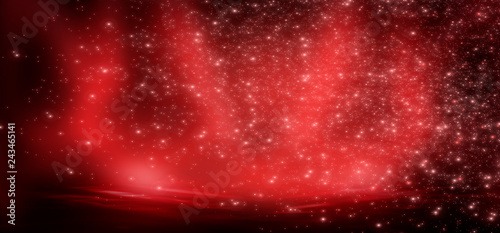 Red romantic background for greeting cards or covers for the holiday of St. Valentine. Festive red background with hearts, sparkles, gradients, neon lights, rays and magic.