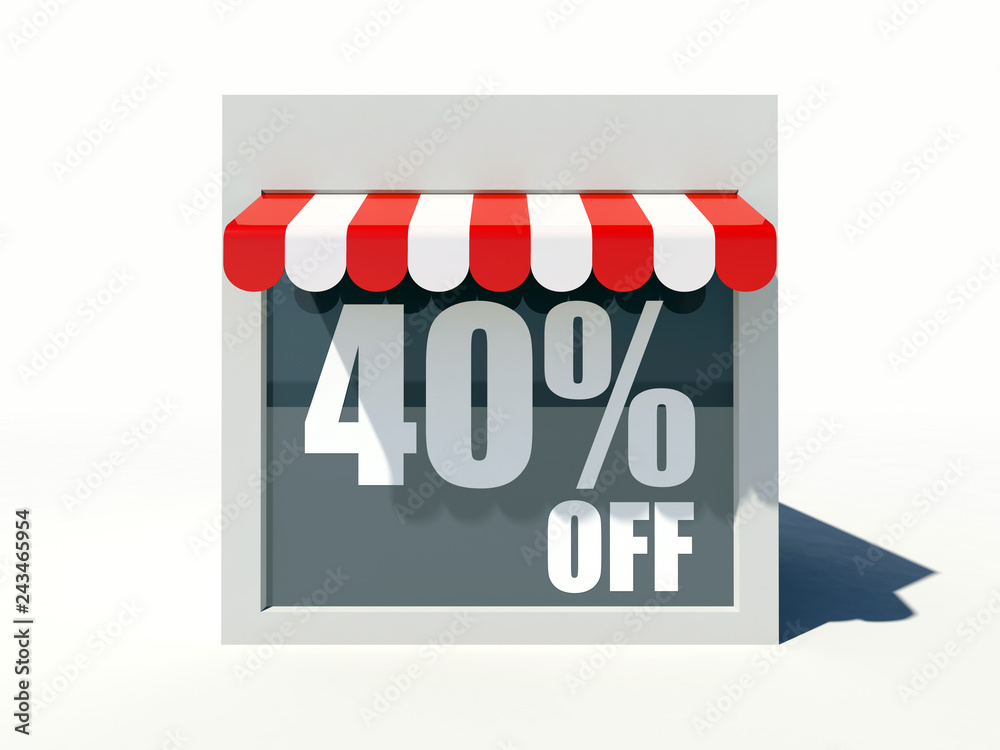 40% off sign on small shop store facade with red awning 40% off sign on small shop store facade with red awning