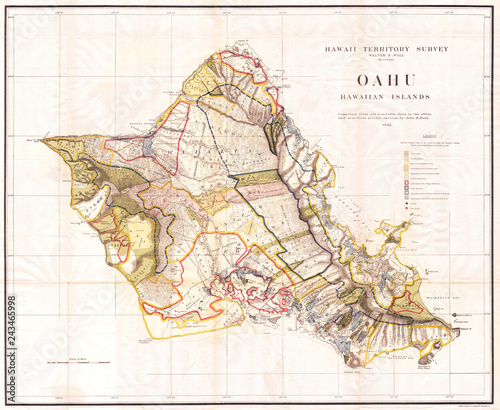 Old Map of the Island of Oahu, Hawaii, Honolulu 1902, Land Office Map