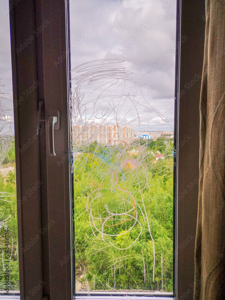 Fototapeta premium window glass material indoors transparent Plant no people day Nature sky Tree Field curtain cloud Architecture Grass 