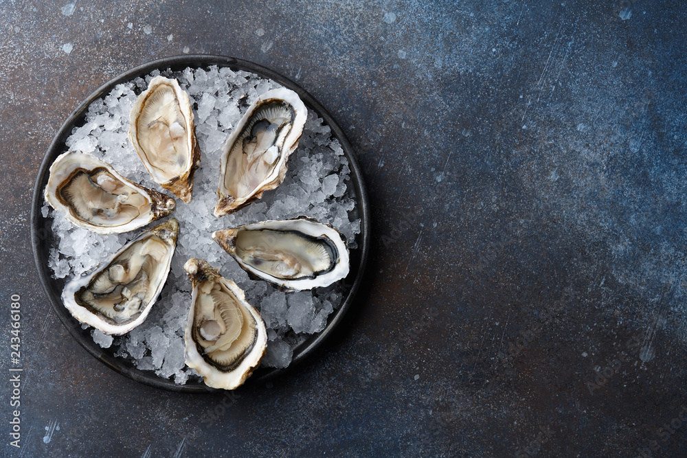 Fresh opened oysters in a plate with ice and lemon on blue textured background, top view Fresh opened oysters in a plate with ice and lemon on blue textured background, top view