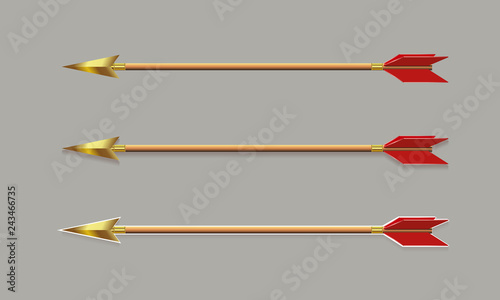 Arrow with a gold tip and red plumage, design element.