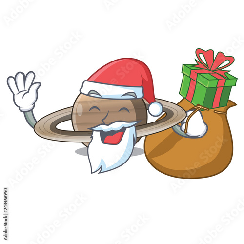 Santa with gift planet saturn above the sky cartoon