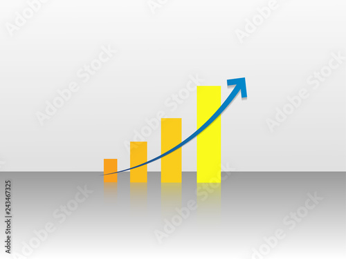 Growing bars graphic with rising arrow, and designed with cool reflection style. Vector illustration.