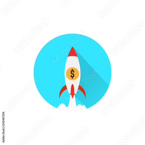 dollar increase icon with rocket launching shape. Money symbol with arrow rising up. Business cost sale icon with purple background design. vector illustration.