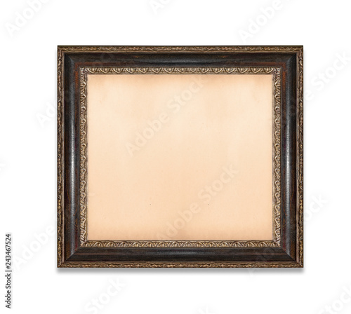 Vintage old picture frame with old blank canvas on a white background.