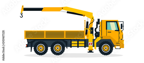 Truck crane, commercial vehicles, construction equipment. Truck with a lifting crane. Vector illustration