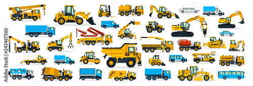 A large set of construction equipment, transportation for the construction site, cargo truck, bus, excavator, crane, tractor. Machines for building services. Shipping by cars. Vector illustration