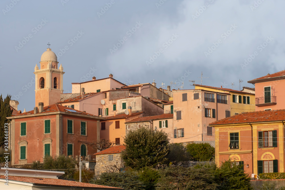 Montemarcello view, Liguria, Italy. In the Val di Magra, La Spezia province. Pictureque village. Photo Jan 2019.