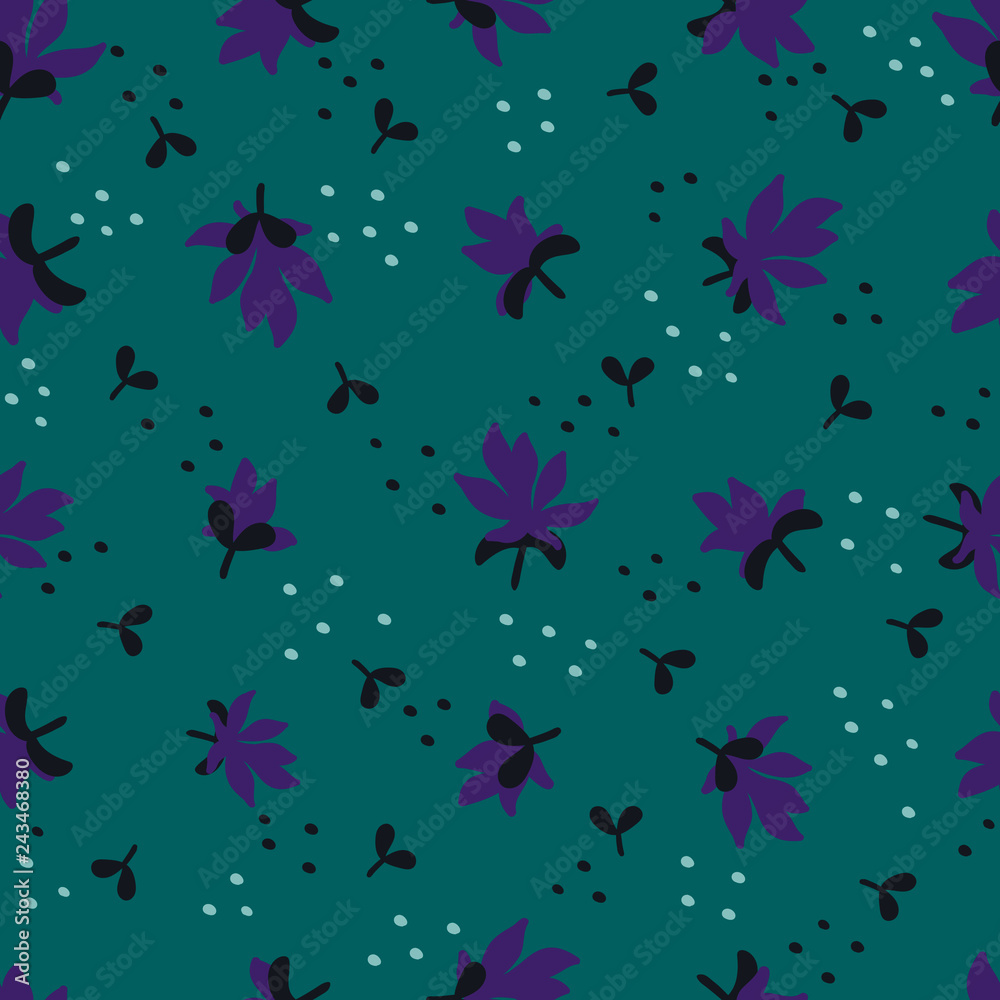 Seamless Floral Pattern. Fashion textile pattern with little violet flowers and leaves on teal background. Vector illustration.