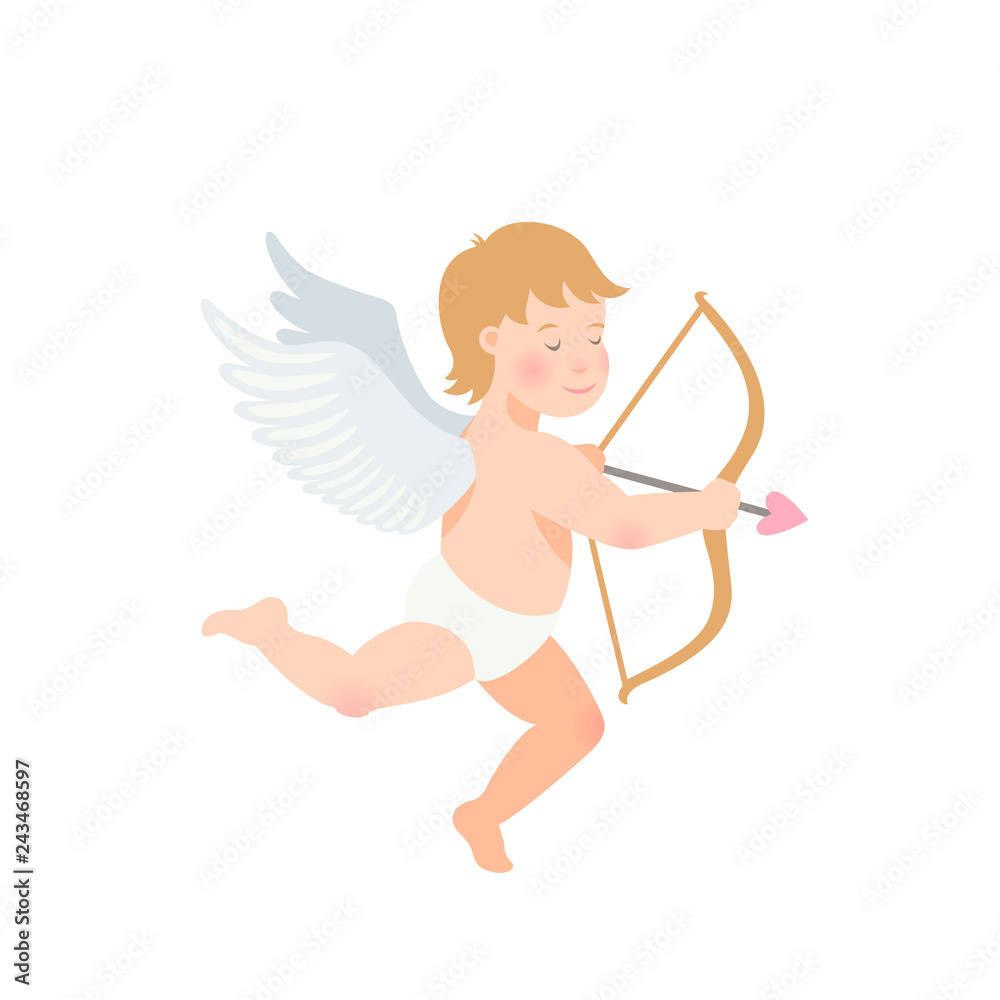 Valentine s Day illustration of funny cupid with bow and arrow on white background. Valentine s Day illustration of funny cupid with bow and arrow on white background.