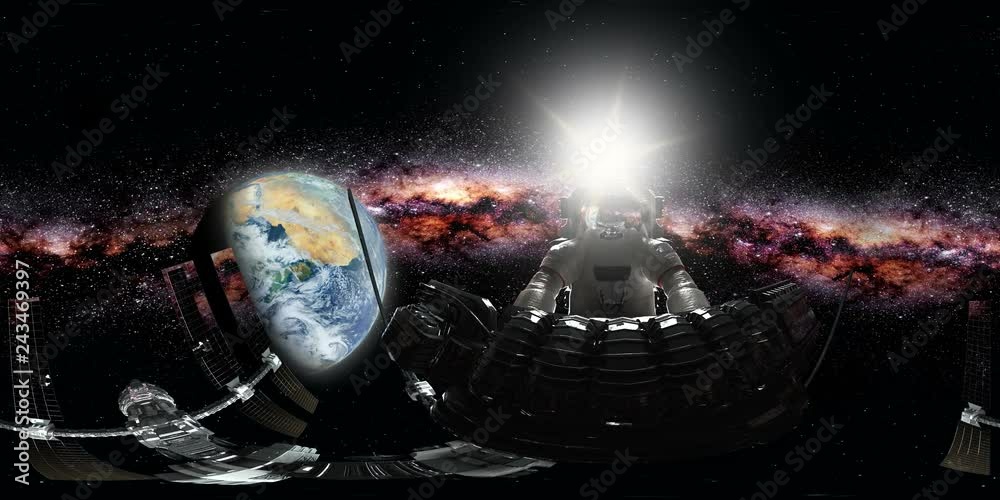 ISS in virtual reality 360 degree video. International Space Station Orbiting Earth. Elements of this image furnished by NASA ISS in virtual reality 360 degree video. International Space Station Orbiting Earth. Elements of this image furnished by NASA