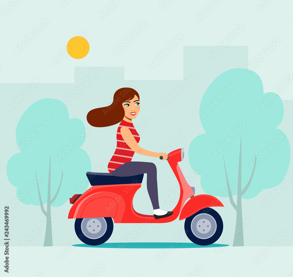 Happy girl riding red scooter. Vector flat illustration