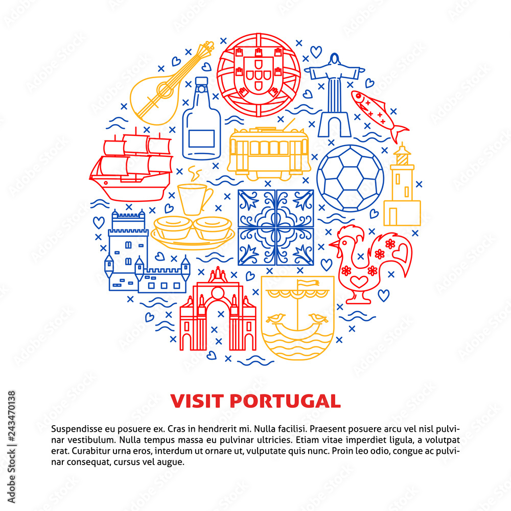 Visit Portugal round concept with icons in line style and place for text