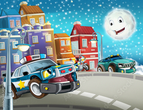 cartoon scene with police chase motorcycle and car driving through the city - illustration for children © honeyflavour