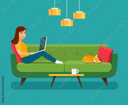 Young woman looking into a laptop and sitting on sofa isolated. Vector flat style illustration