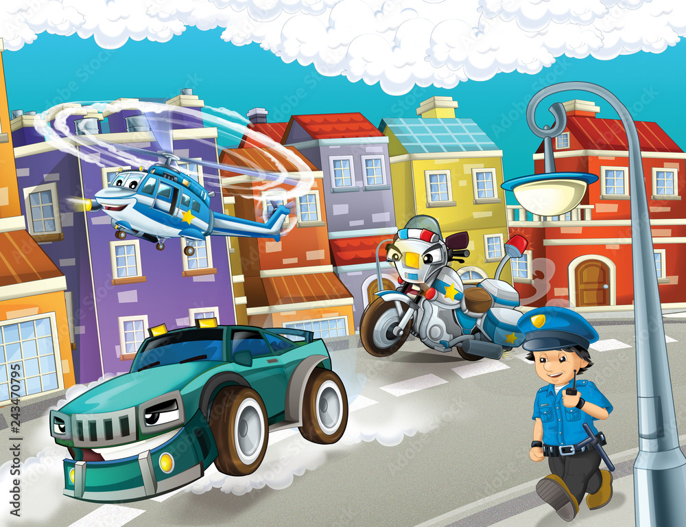 cartoon scene with police chase motorcycle and car driving through the city helicopter flying and policeman - illustration for children Stock Illustration | Adobe Stock cartoon scene with police chase motorcycle and car driving through the city helicopter flying and policeman - illustration for children Stock Illustration | Adobe Stock