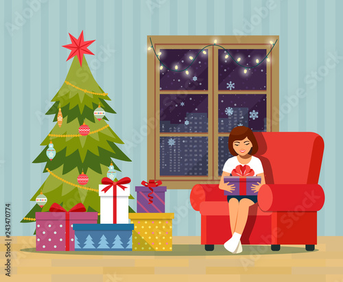 Girl opening a gift at home in the living room. Christmas room interior with Christmas tree, sofa, gifts and decoration. Vector flat illustration