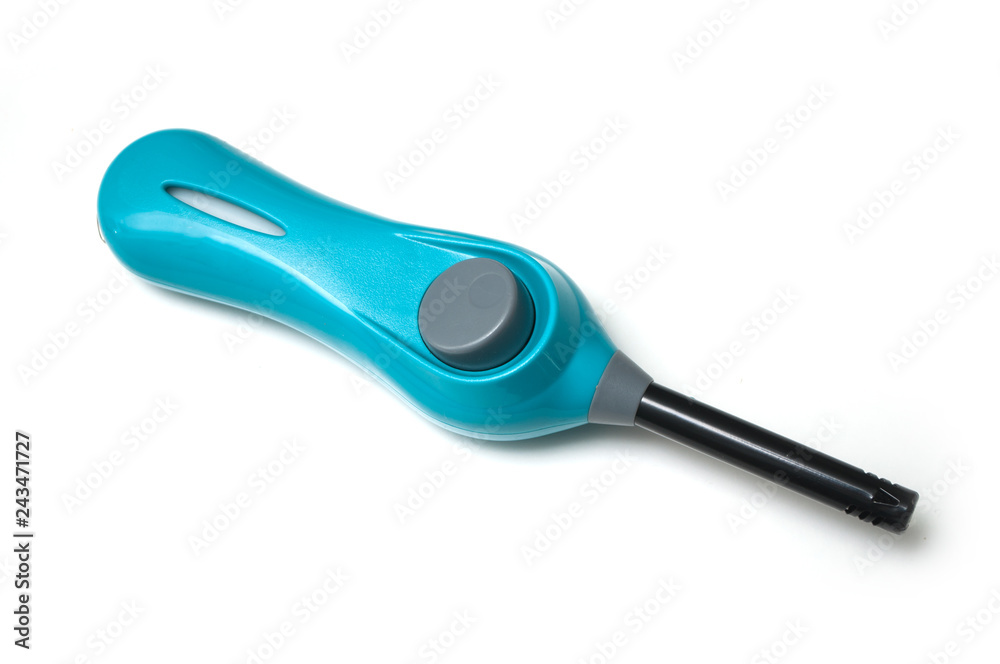closeup of blue lighter on white background closeup of blue lighter on white background
